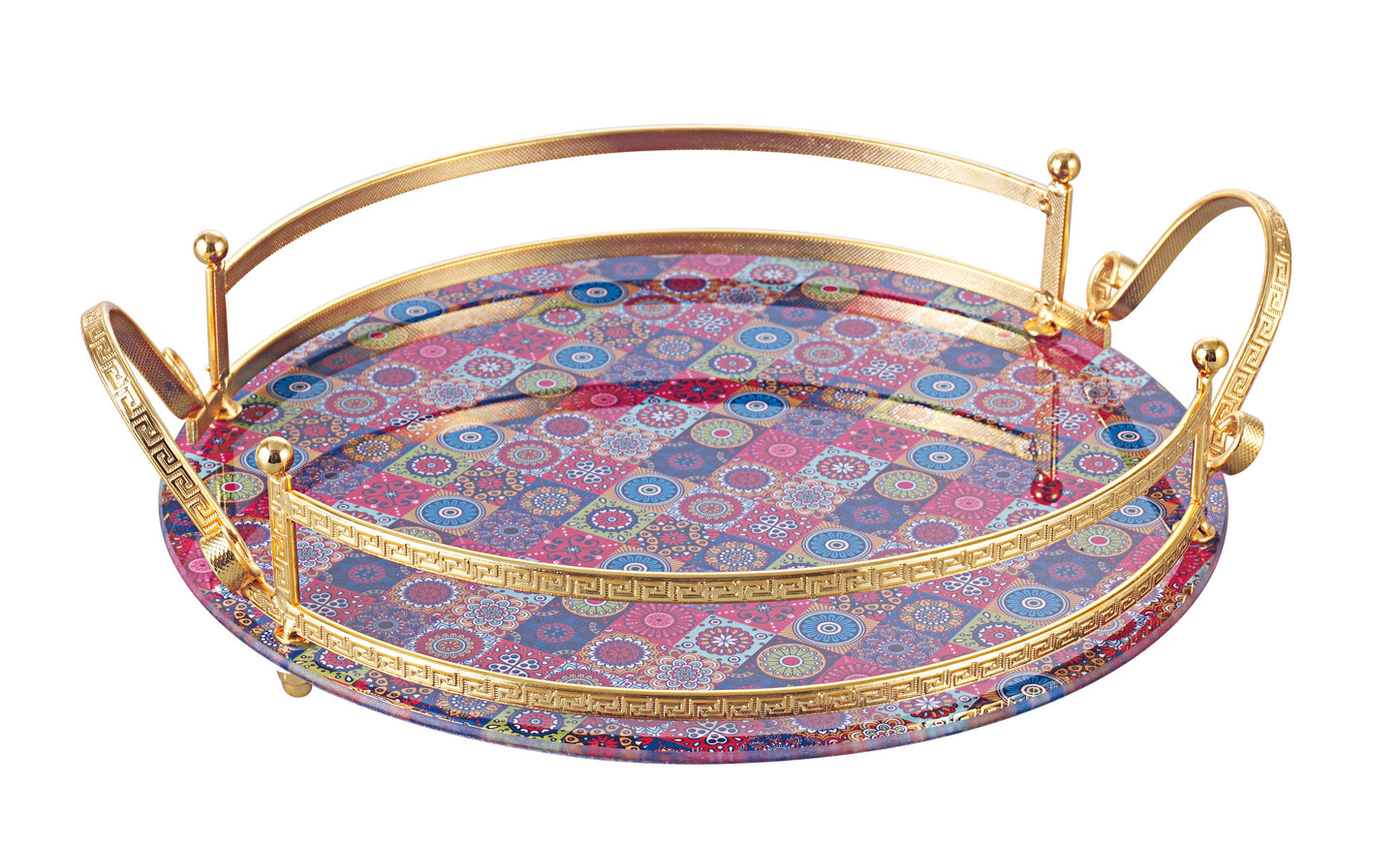 Luxury Round Decorative Serving Tray with Golden Handles