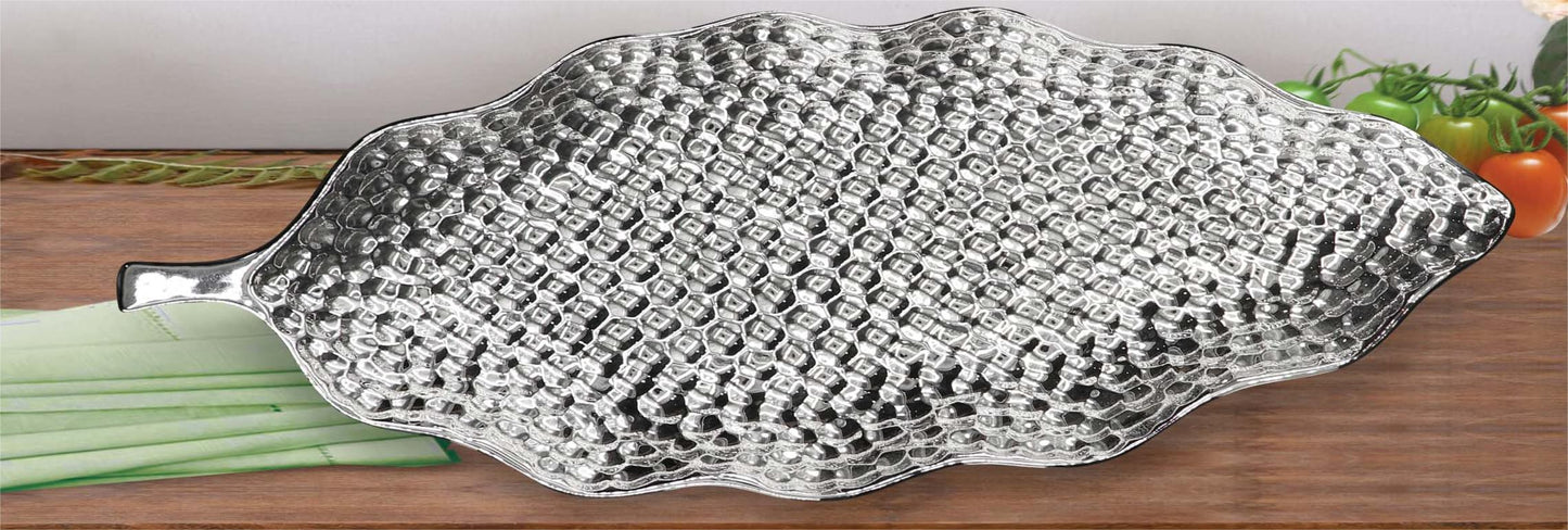 Leaf-Shaped Embossed Ceramic Serving Platter – Gold & Silver Finish