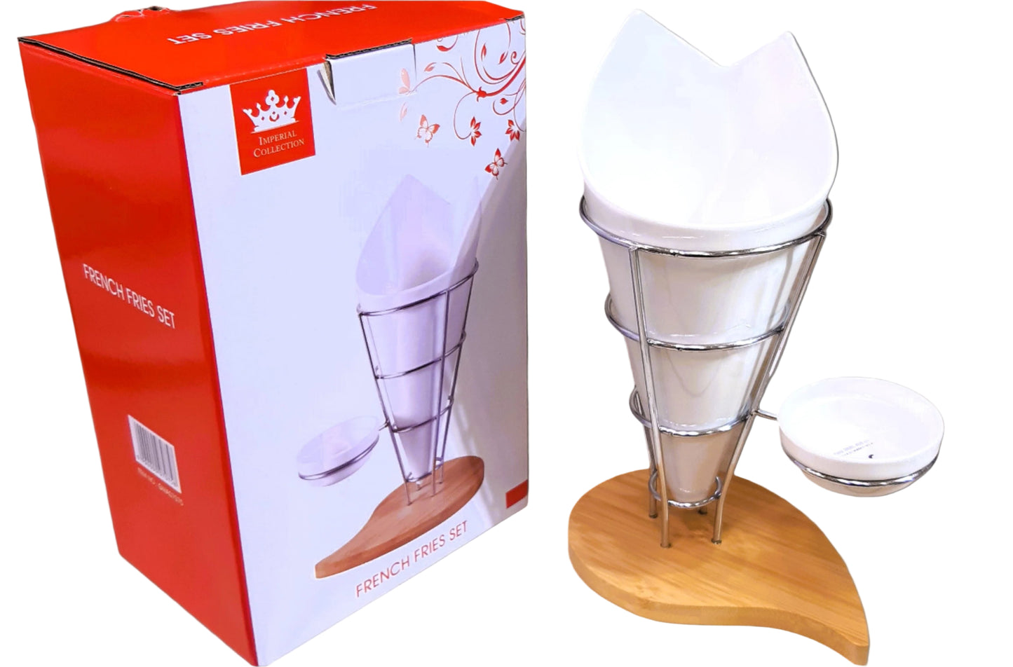 Royal Dine French Fries Serving Set with Ceramic Cone, Sauce Bowl & Wooden Base