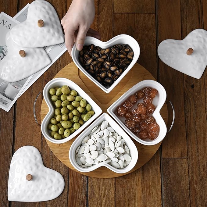 Heart-Shaped Ceramic Snack Serving Bowl Set with Rotating Wooden Tray & Lids – 5-Piece Dry Fruit & Candy Server