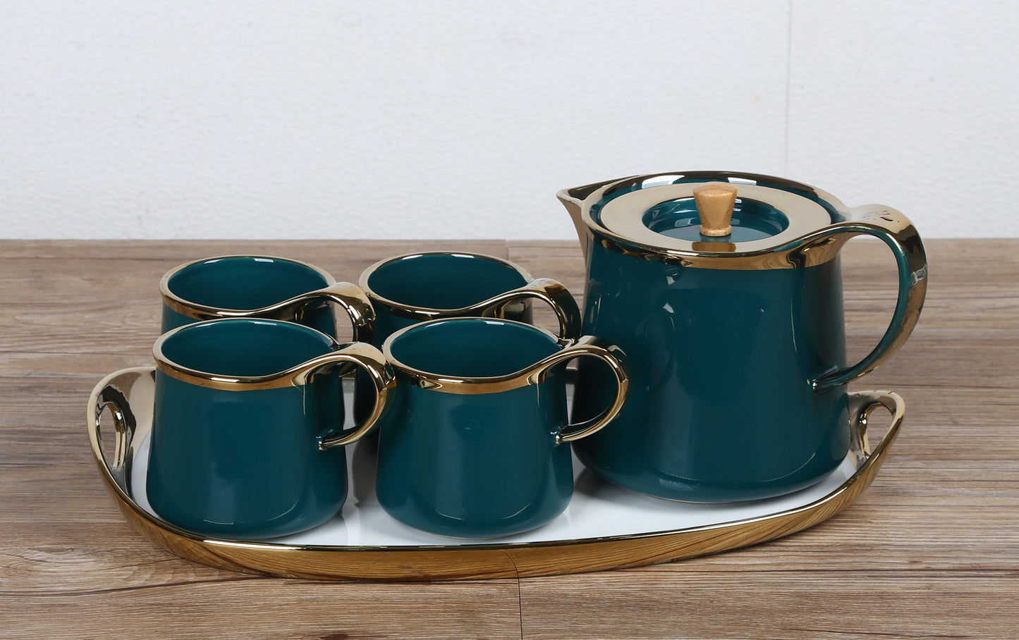 Premium Quality ColorFul Teaset with Golden Touch-4 Mugs & Teapot With Big Ceramic Tray.High Quality Ceramic Material.