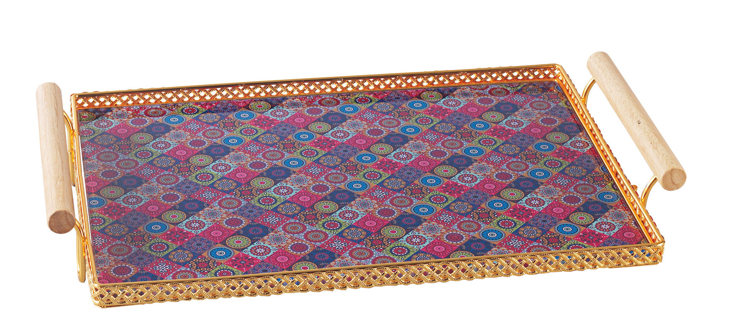 Elegant Decorative Serving Tray with Wooden Handles
