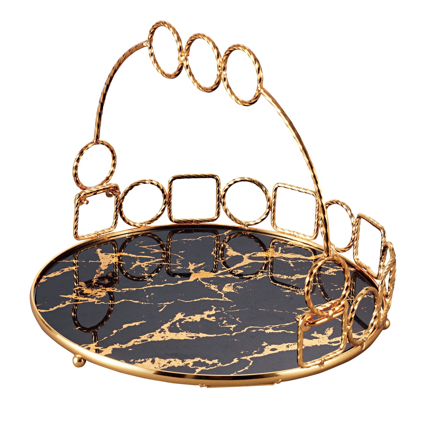 Round Decorative Tray with Gold Handle & Glass Base
