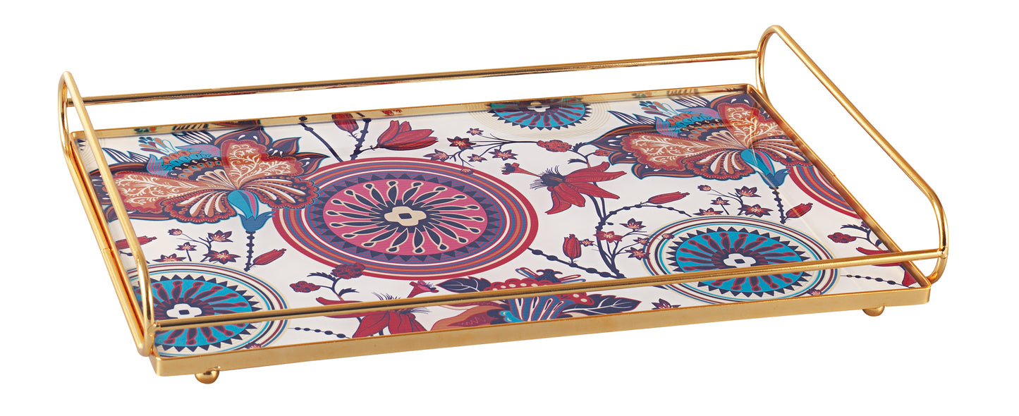 Rectangular Gold Frame Decorative Tray with Printed Glass Base