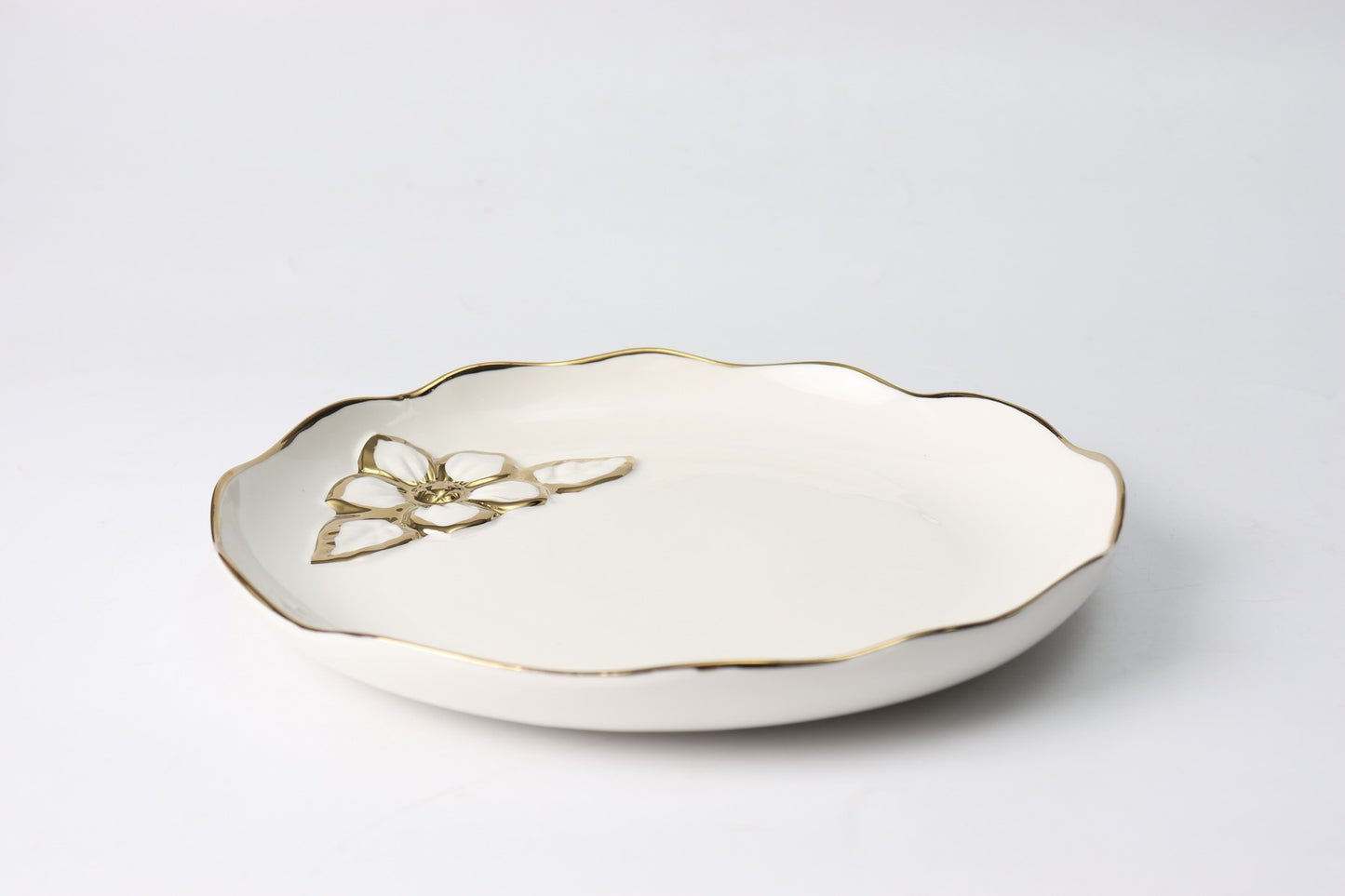 Elegant Ceramic Decorative Plate with Gold Flower Accent – Available in 3 Sizes (9", 10.5", 12")