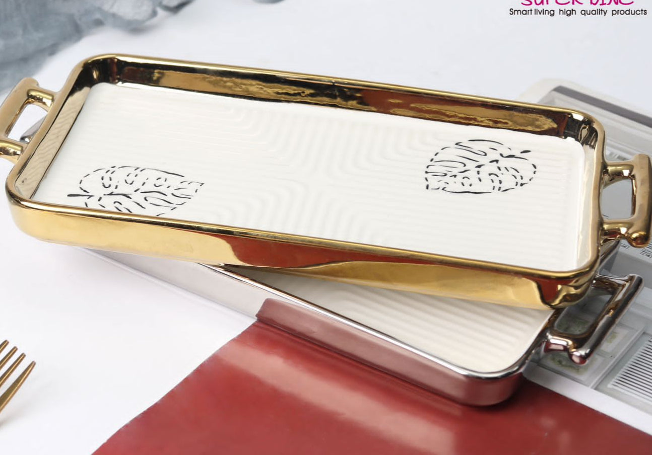Beautiful Serving Platter With Hanldes-Golden & Silver Edges - Elegant Serving dish - High Quality Ceramic.