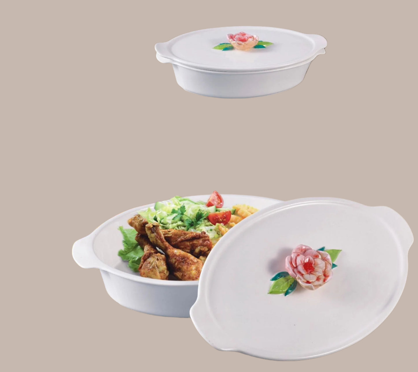 Floral Ceramic Casserole Dish with Lid – Elegant Serving Bowl with Rose Handle by Royal Dine