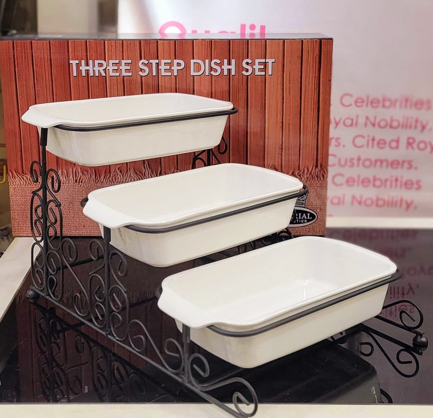 Three Step Serving Dish Set with Metal Stand – Elegant Buffet Display Trays