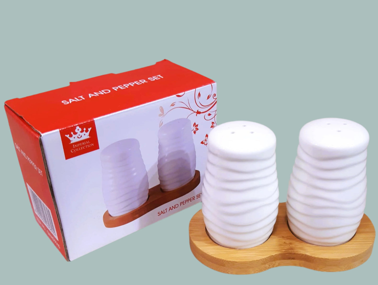 Modern Ceramic Salt and Pepper Shaker Set with Bamboo Base – White Textured Design (Imperial Collection)