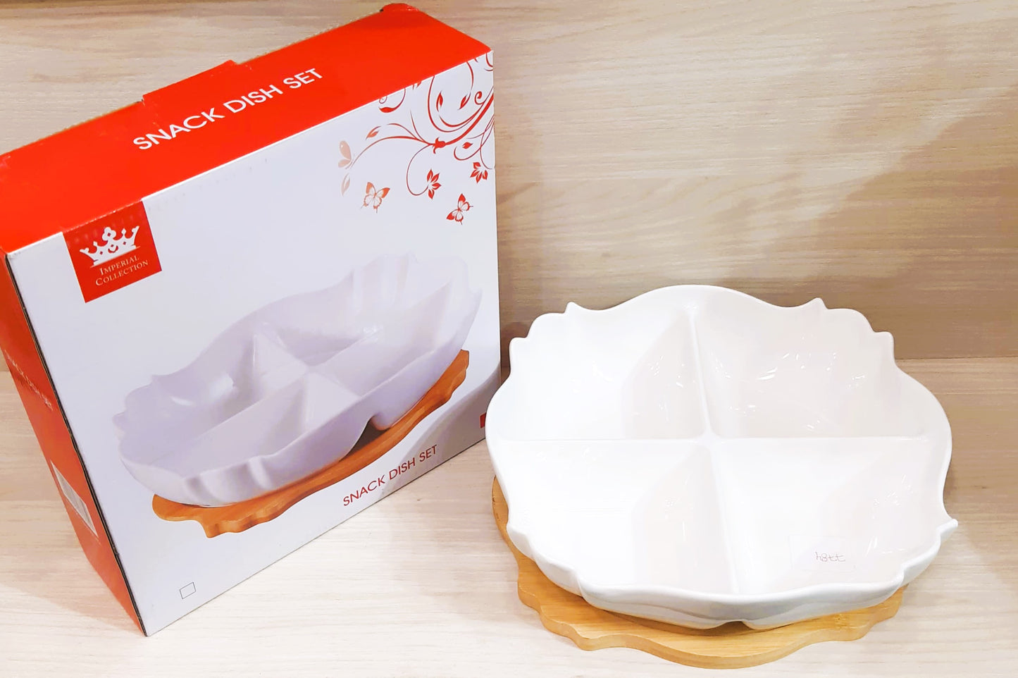 Royal Dine 4-Section Ceramic Snack Dish Set with Bamboo Base – Elegant Multi-Compartment Serving Tray