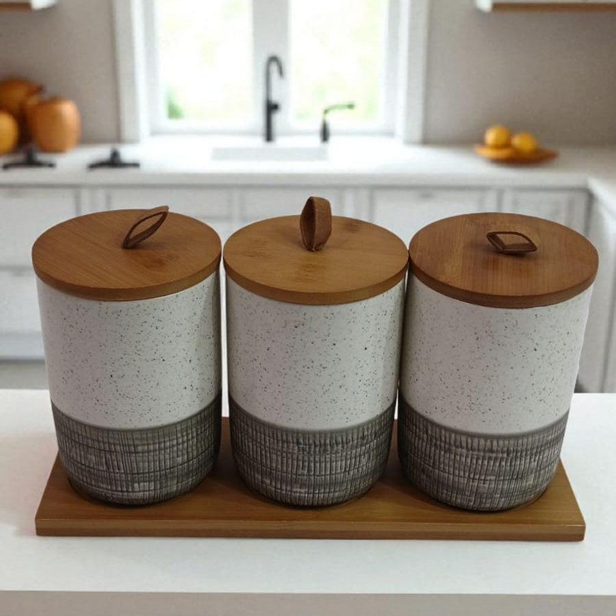 Modern Ceramic Kitchen Canister Set – 3-Piece Airtight Storage Jars with Bamboo Lids & Tray