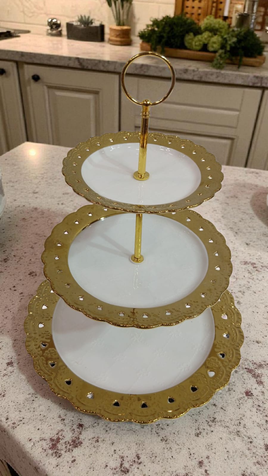 3-Tier Gold Rim Dessert Stand – Heart Cutout Design with Porcelain Plates