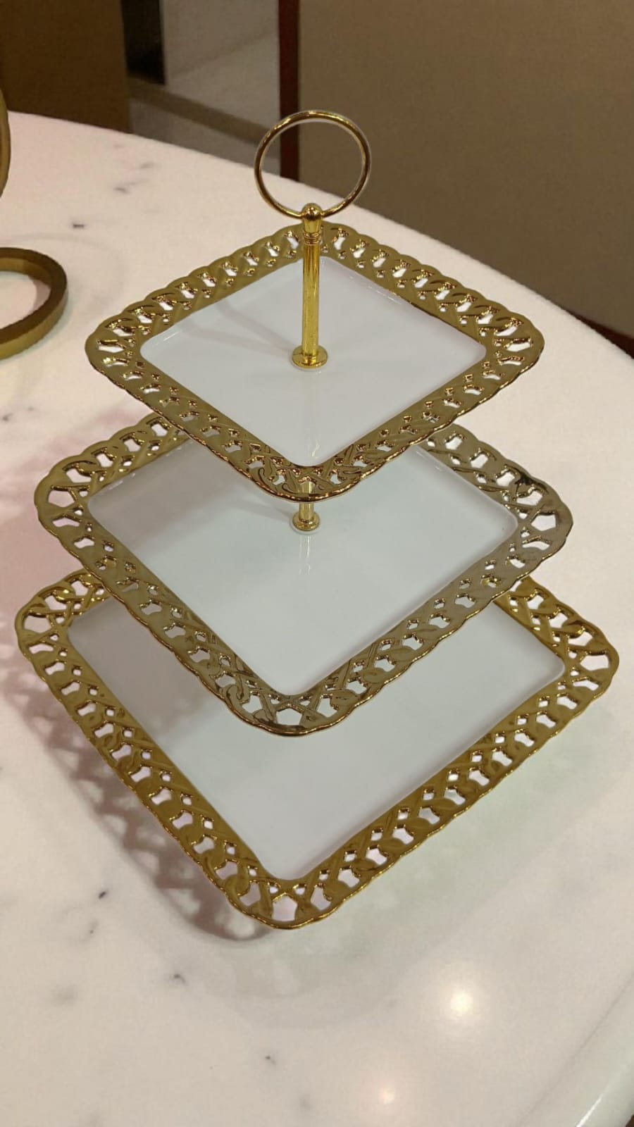 3-Tier Square Gold Dessert Stand – Elegant White Porcelain Serving Tray