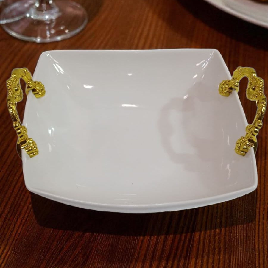 Luxury White Square Ceramic Serving Bowl with Ornate Golden Handles