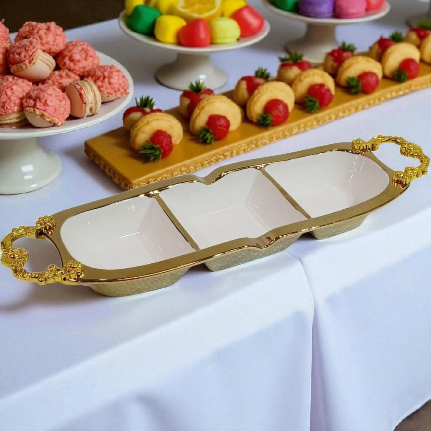 Elegant 3-Section Ceramic Serving Tray with Golden Frame & Handles