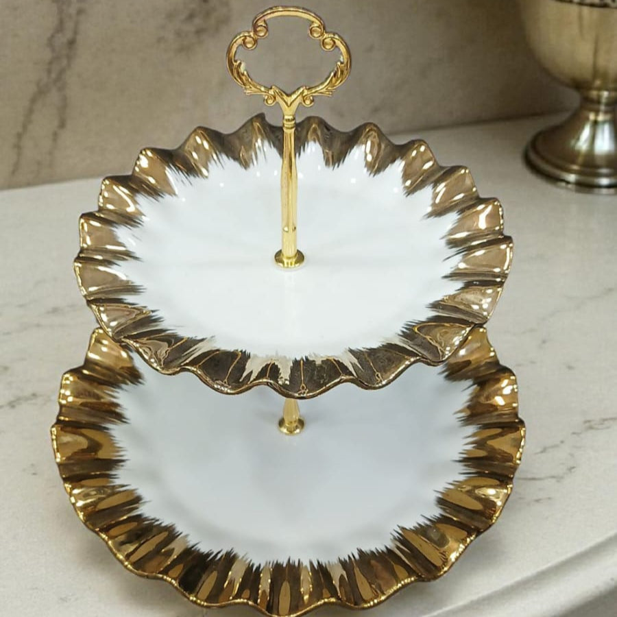 “Luxury 2-Tier Ceramic Serving Stand – White with Golden Edges | Dessert, Cupcake & Snack Display”