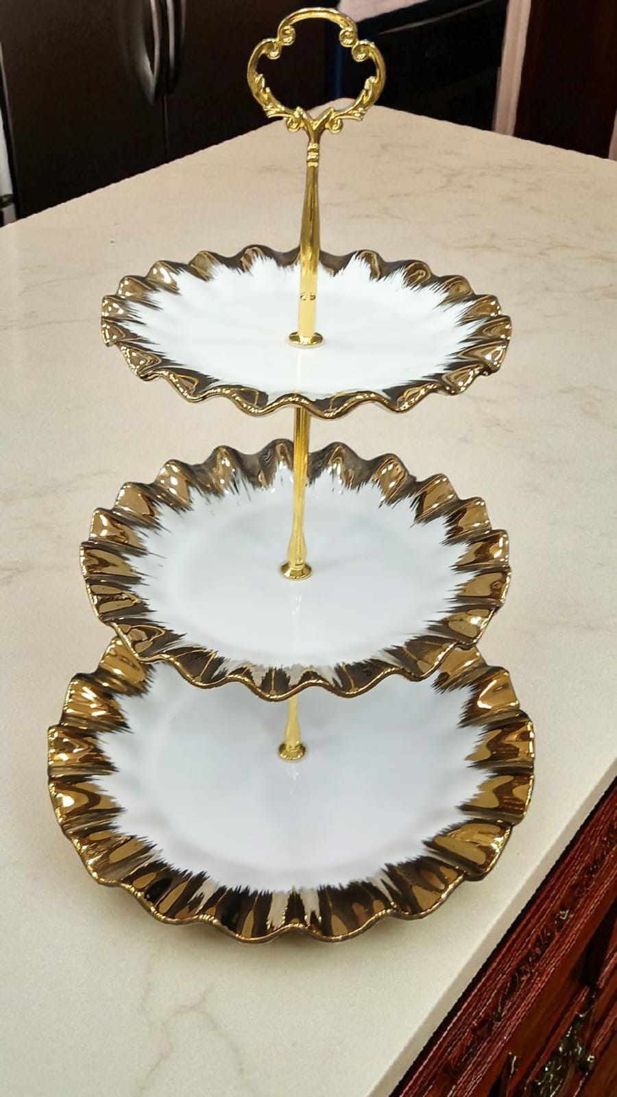 Royal Dine 3-Tier Ceramic Dessert Stand with Golden Edges – Elegant Serving Tray