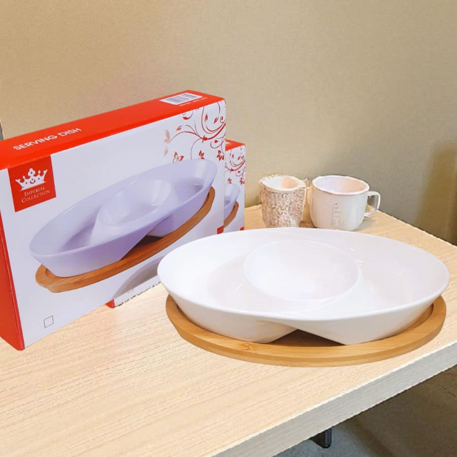 Royal Dine Ceramic Serving Dish with Bamboo Base – Divided Platter with Dip Bowl
