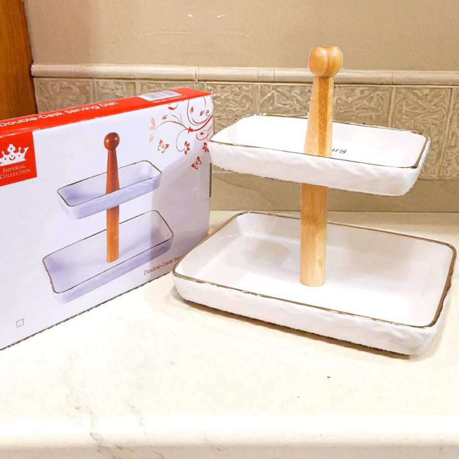 2-Tier Ceramic Serving Tray with Wooden Handle | Elegant Double-Decker Dessert & Snack Stand