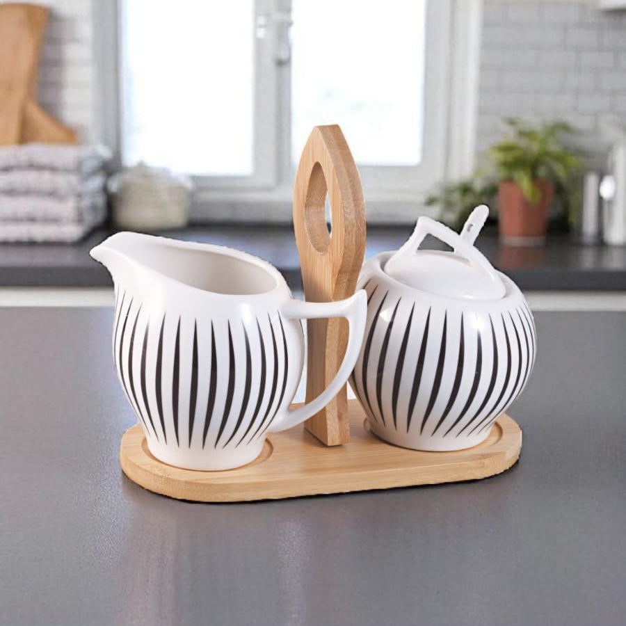 Royal Dine Sugar Pot and Creamer Set – Ceramic with Bamboo Base & Spoon | Elegant Black & White Stripes | Coffee Bar & Kitchen Counter Organizer