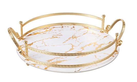 Luxury Round Decorative Serving Tray with Golden Handles