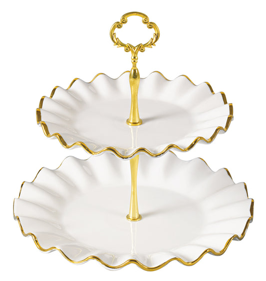 Elegant 2-Tier Ceramic Serving Stand – Gold / Silver Trim