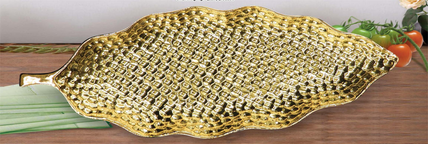 Leaf-Shaped Embossed Ceramic Serving Platter – Gold & Silver Finish