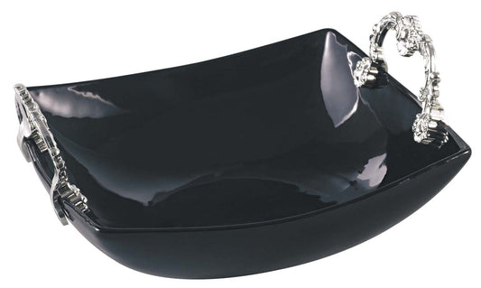 Elegant Black Porcelain Serving Dish with Ornate Silver Handles