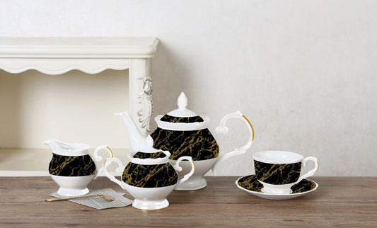 RoyalDine's Exclusive 15 Pieces Coffee/Tea Set (MATERIAL CERAMIC) Exquisite Tea Set For Tea Lovers. Elegant Tea Serving Set Marble Design.Vintage Black & White Teaset.