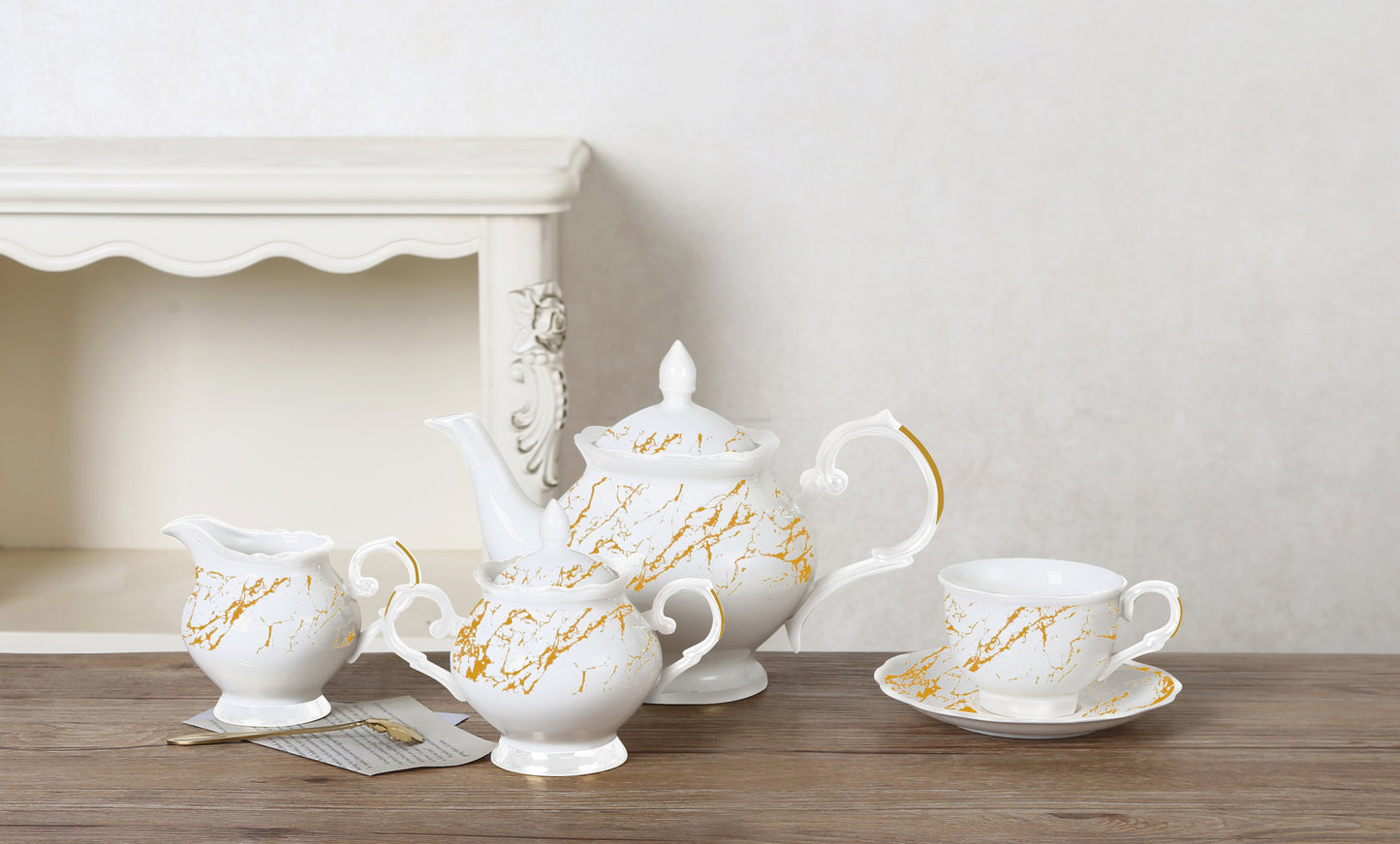 RoyalDine's Exclusive 15 Pieces Coffee/Tea Set (MATERIAL CERAMIC) Exquisite Tea Set For Tea Lovers. Elegant Tea Serving Set Marble Design.Vintage Black & White Teaset.