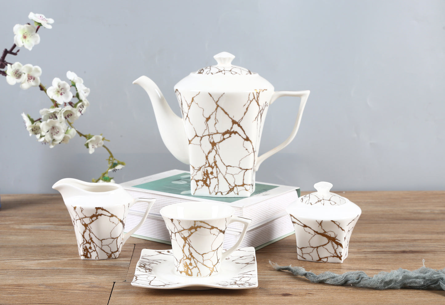 RoyalDine's Exclusive 15 Pieces Coffee/Tea Set (MATERIAL CERAMIC) Exquisite Tea Set For Tea Lovers. Elegant Tea Serving Set Marble Design.Vintage Black & White Teaset.