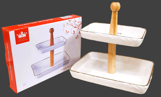 2-Tier Ceramic Serving Tray with Wooden Handle | Elegant Double-Decker Dessert & Snack Stand