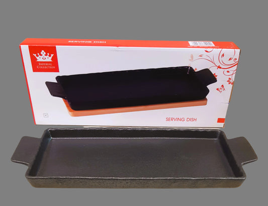 Black Ceramic Serving Dish with Wooden Base