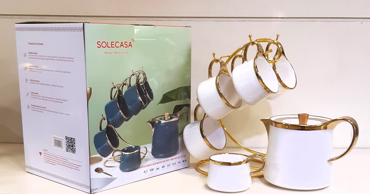 Premium Quality Ceramic Tea / Coffee Set-6 Cups & 1 Teapot With Golden Stand-Teaset with Royal Golden Touch.