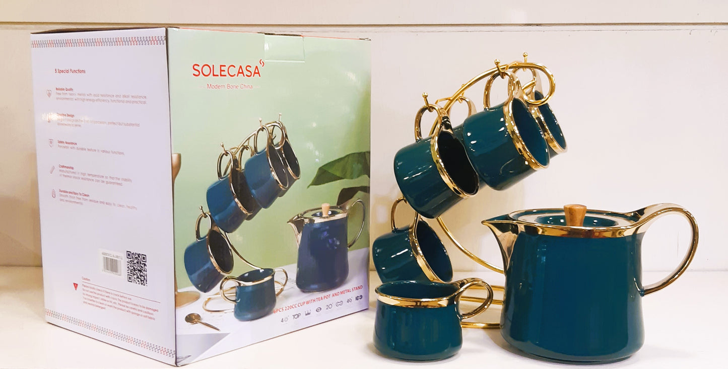 Premium Quality Ceramic Tea / Coffee Set-6 Cups & 1 Teapot With Golden Stand-Teaset with Royal Golden Touch.