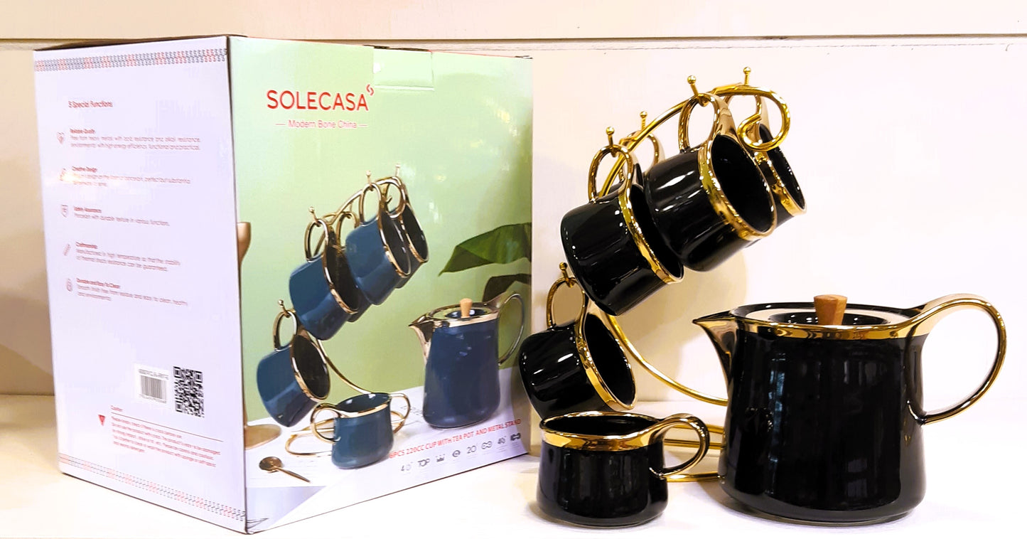 Premium Quality Ceramic Tea / Coffee Set-6 Cups & 1 Teapot With Golden Stand-Teaset with Royal Golden Touch.