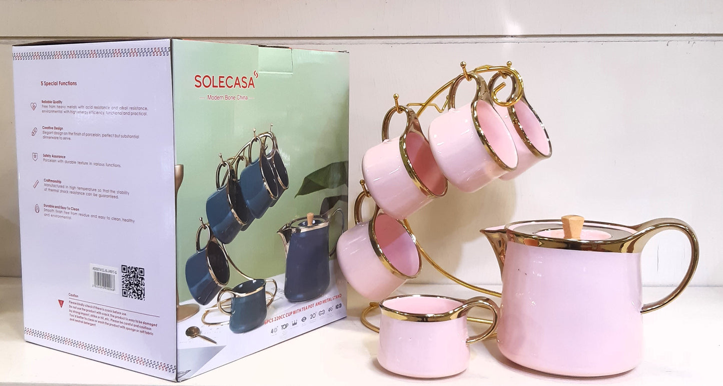 Premium Quality Ceramic Tea / Coffee Set-6 Cups & 1 Teapot With Golden Stand-Teaset with Royal Golden Touch.