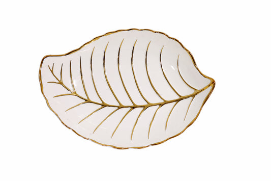 Elegant Leaf Ceramic Plate – Gold & Silver Vein Trim Options