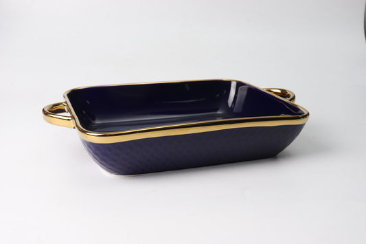 Elegant Rectangular Ceramic Baking Dish – Gold/Silver Rim