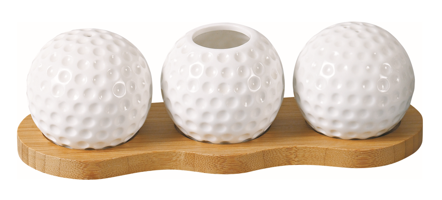 Golf Ball Design Ceramic Condiment Holders with Wooden Tray – 3-Piece Set
