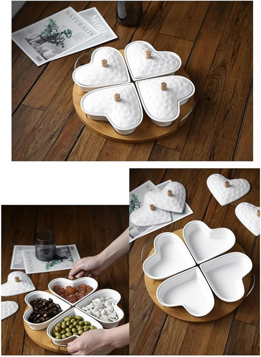 Heart-Shaped Ceramic Snack Serving Bowl Set with Rotating Wooden Tray & Lids – 5-Piece Dry Fruit & Candy Server