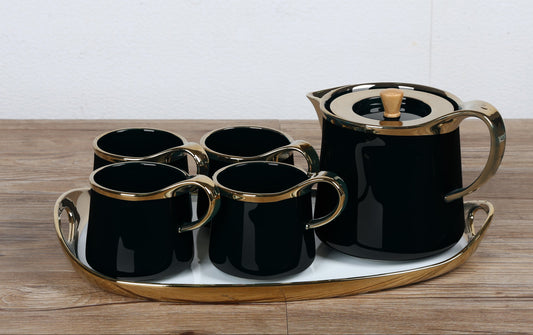 Premium Quality ColorFul Teaset with Golden Touch-4 Mugs & Teapot With Big Ceramic Tray.High Quality Ceramic Material.
