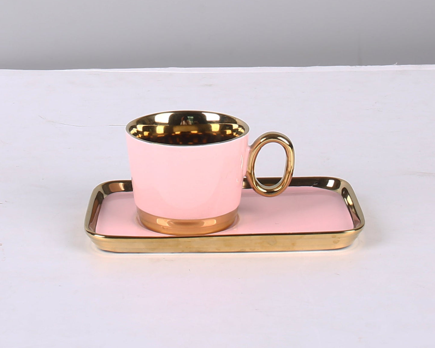 Premium Quality Pink Ceramic Cups & Saucers Set (Set of 6 Pcs) Electro Gold Plated Cups & Saucers Set - Super Quality Tea Set.