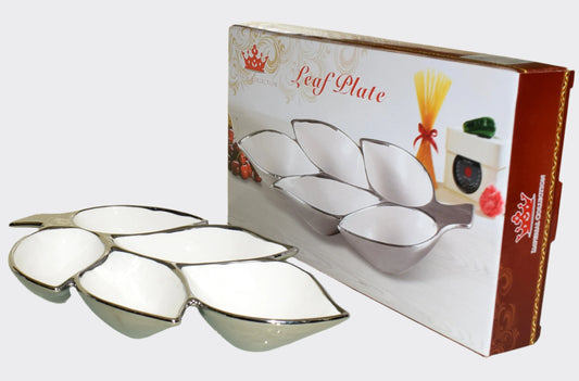 Leaf Plate Serving Platter – Elegant 5-Section Ceramic Dish with Silver Rim