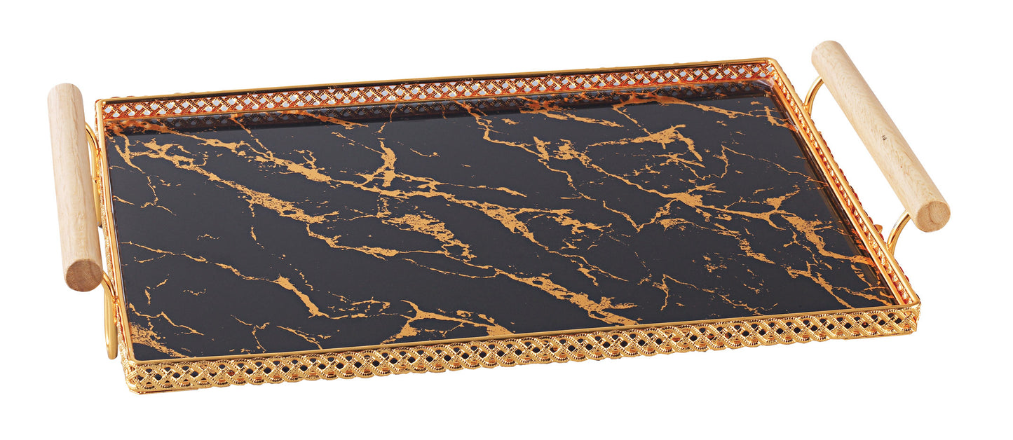 Elegant Decorative Serving Tray with Wooden Handles