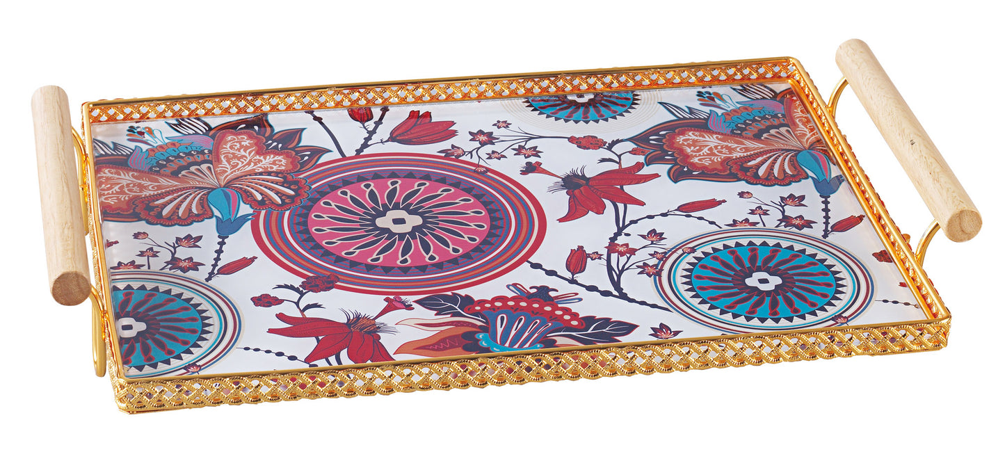 Elegant Decorative Serving Tray with Wooden Handles