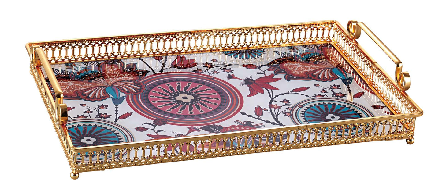 Luxury Decorative Tray with Gold Frame & Designer Glass Base