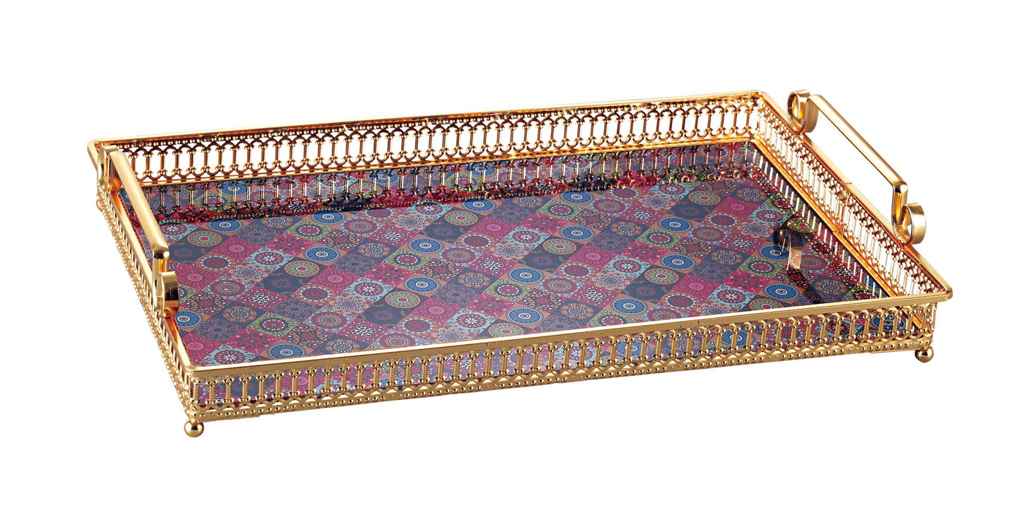 Luxury Decorative Tray with Gold Frame & Designer Glass Base
