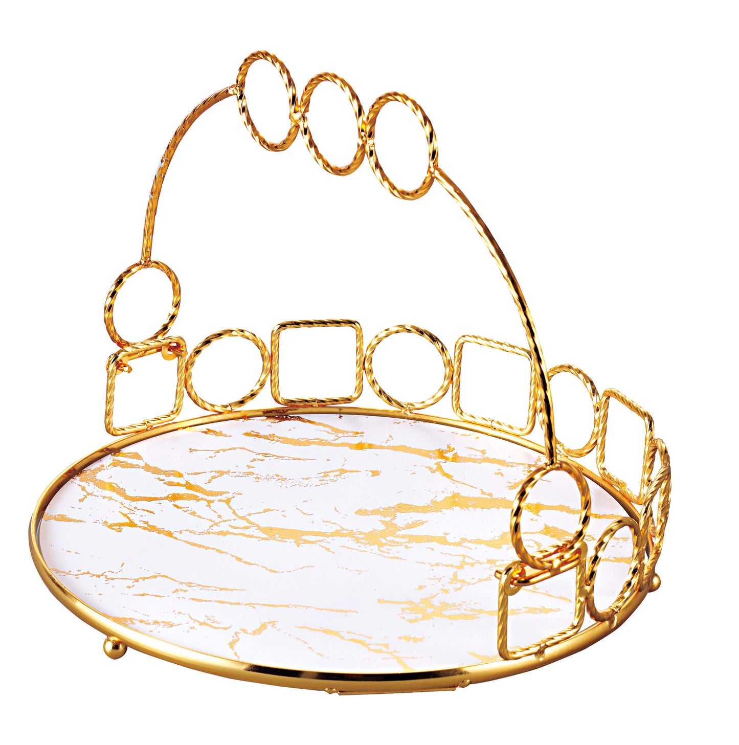 Round Decorative Tray with Gold Handle & Glass Base