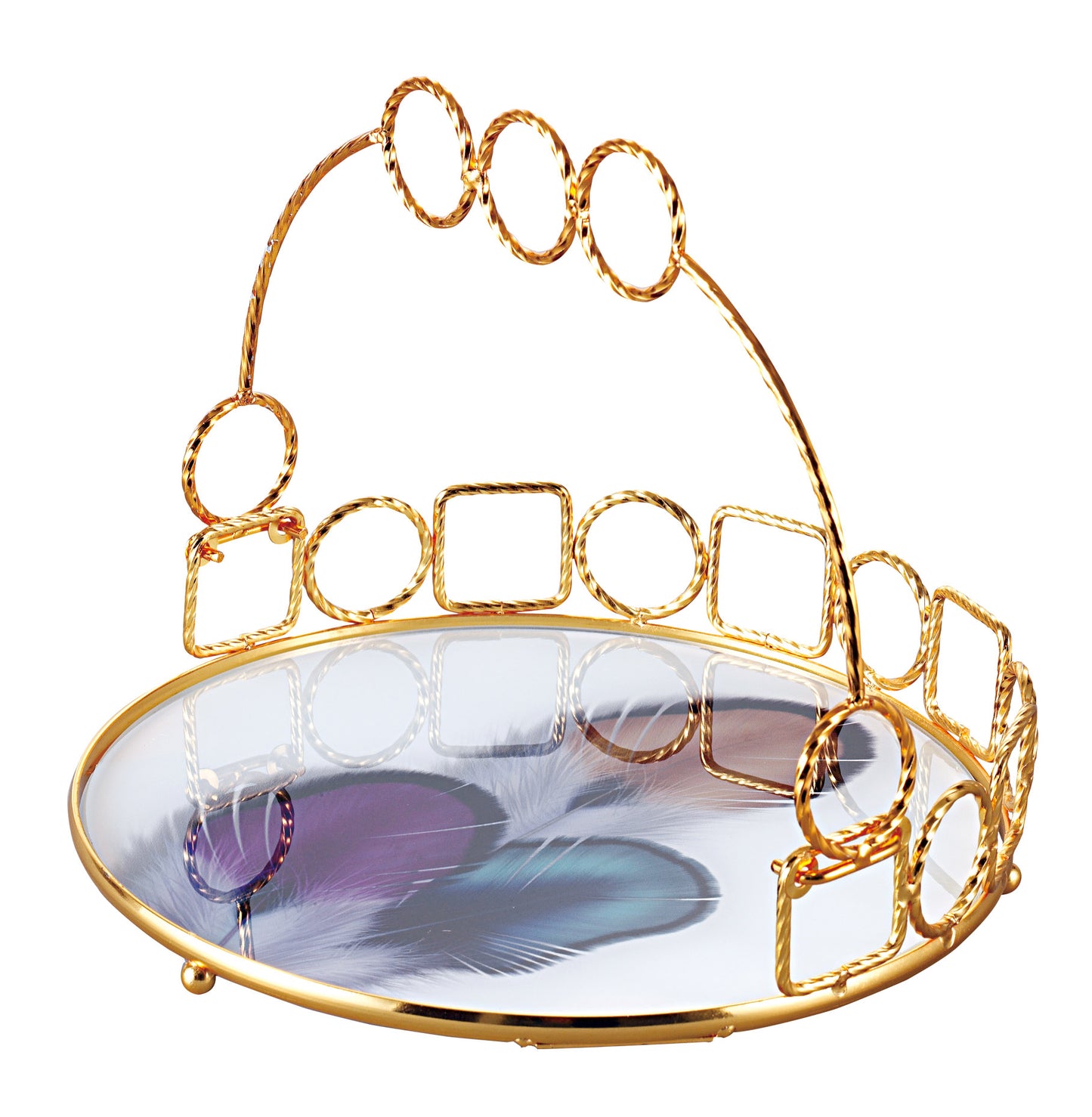 Round Decorative Tray with Gold Handle & Glass Base